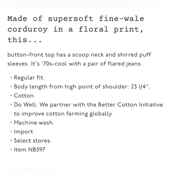 Large Madewell, floral, corduroy, long sleeve blouse - Picture 10 of 11